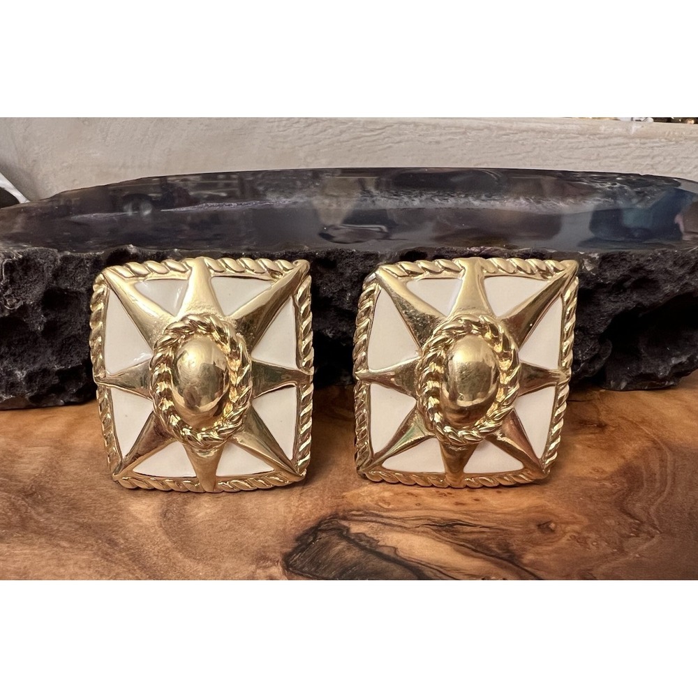 Vintage Givenchy Nautical Star Beige Enamel & Gold Tone‎ Square Clip-On Earrings